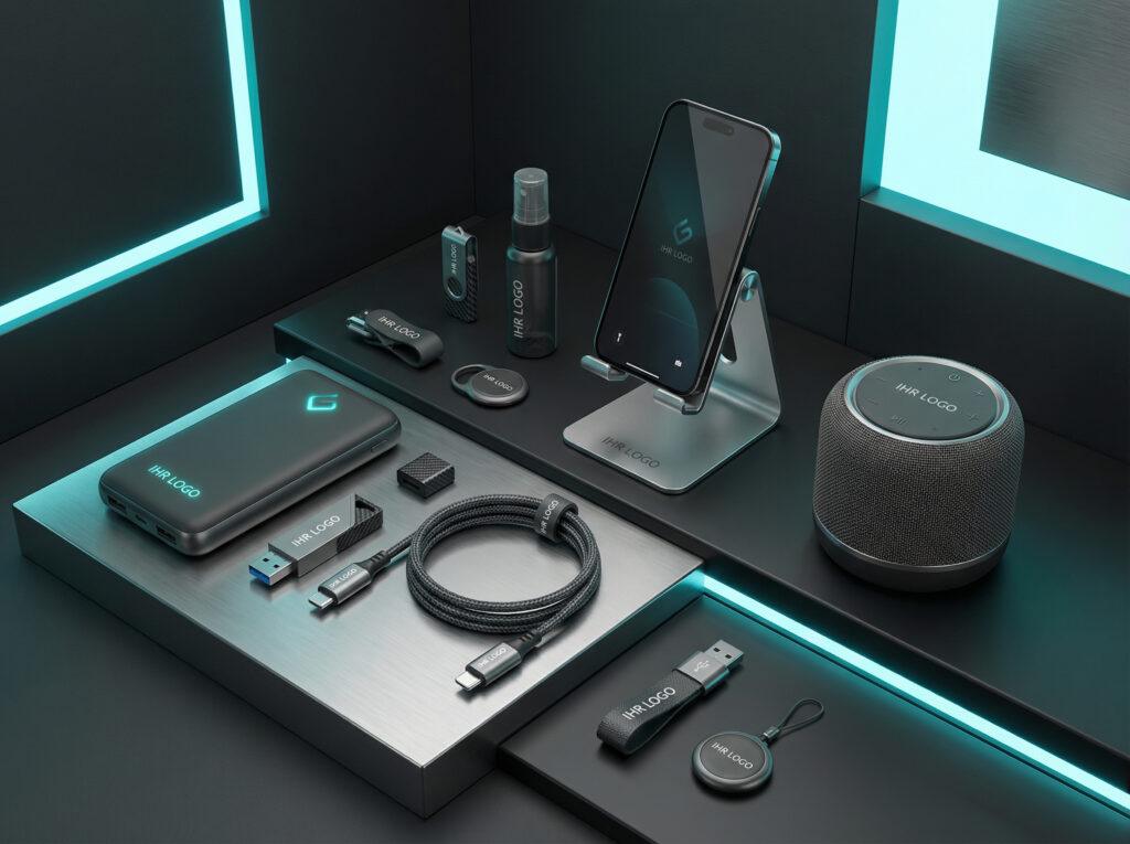 Moderne Technik-Gadgets und elektronische Werbemittel im High-End Design.