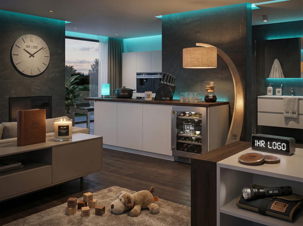 Stilvolle Lifestyle-Produkte und Home-Accessoires mit dezenter Markenpräsenz.