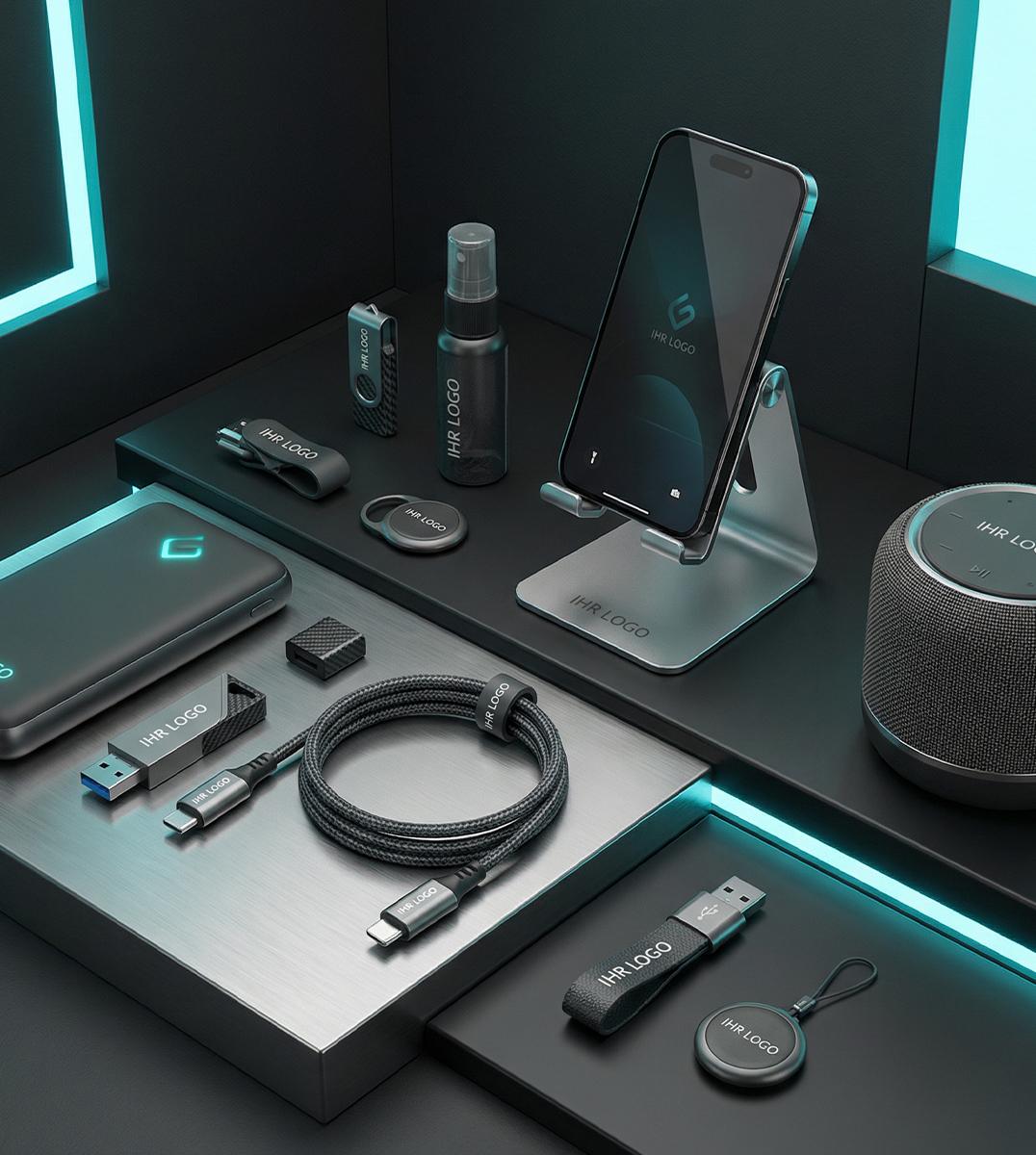 Moderne Technik-Gadgets und elektronische Werbemittel mit Branding.