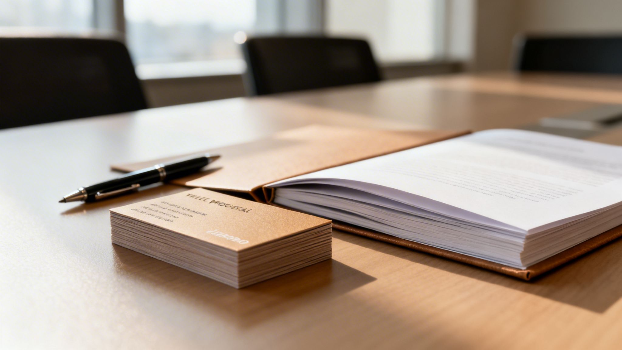 Professionelles Meeting-Setting: Ein Stift, Visitenkarten und ein offenes Dokument auf einem Holztisch in einem Konferenzraum.