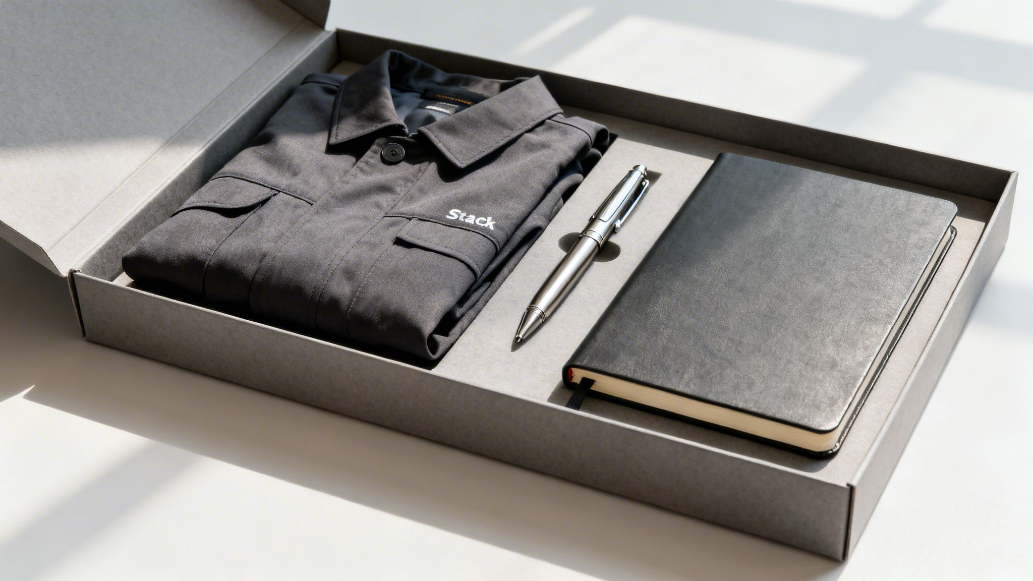 Eine graue Geschenkbox mit einem dunklen Hemd mit Stack-Logo, einem Stift und einem Notizbuch.