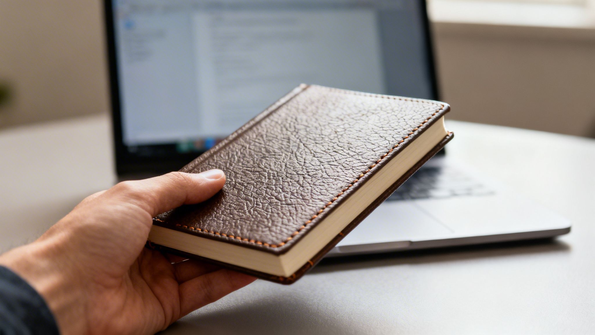 Eine Hand hält ein braunes Notizbuch mit gemaserter Oberfläche und orangen Nähten vor einem unscharfen Laptop.