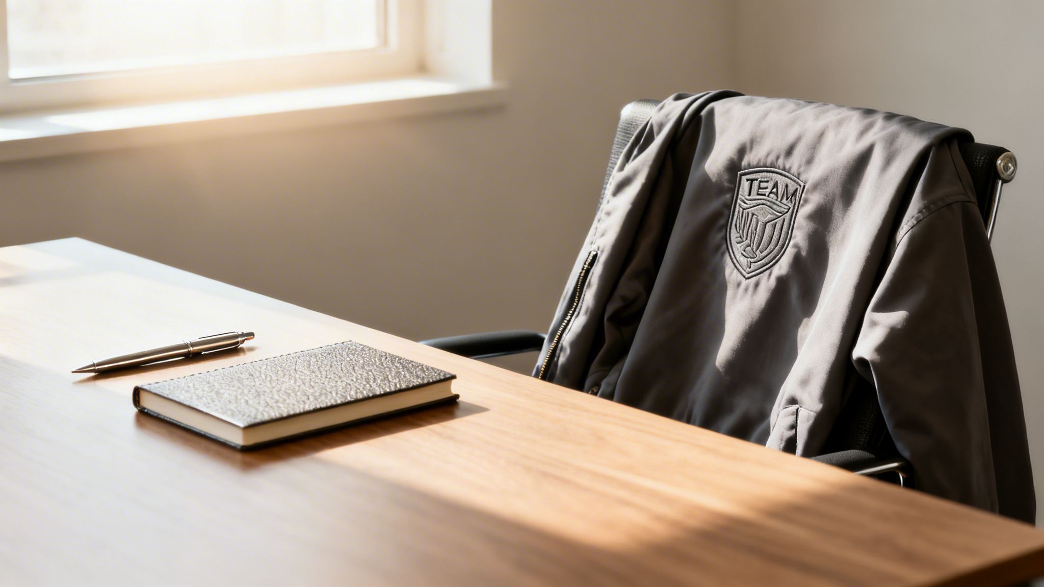 Ein heller Arbeitsplatz mit einem Holzschreibtisch, Notizbuch und Stift. Eine Jacke mit Team-Logo hängt über einem Stuhl am Fenster.