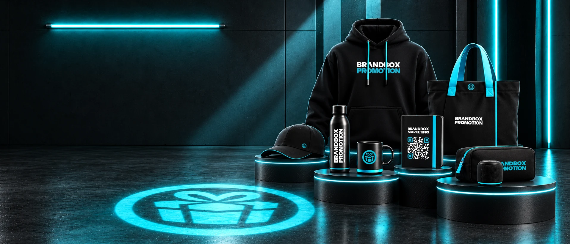 Hoodie, Tasche, Cap, Trinkflasche und weitere Werbeartikel mit Brandbox-Logo in einem türkis beleuchteten Studio.