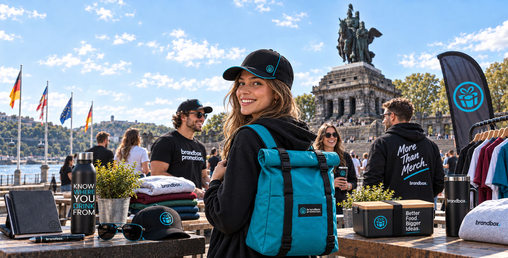 Frau mit gebrandetem Rucksack und Werbeartikeln von Brandbox am Deutschen Eck in Koblenz