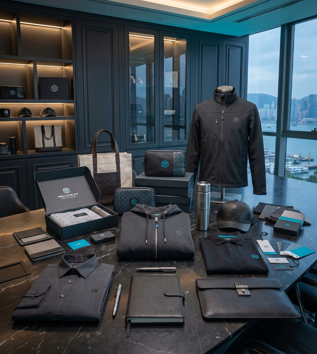 Exklusive Corporate Merchandise Kollektion für kreative Marken mit gebrandeter Softshelljacke, Hoodie, Polo, Businesshemd, Welcome Kit, Tasche, Trinkflasche, Notizbuch und Premium-Verpackungen in luxuriösem Showroom