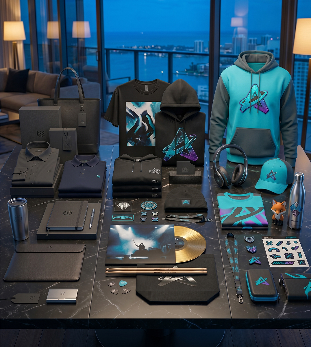 Premium Merchandising Showcase für Creator, Musiker und Personal Brands mit gebrandeten Hoodies, Caps, Business-Textilien, Tour-Merch und hochwertigen Werbeartikeln auf einem luxuriösen Präsentationstisch