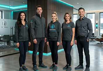 Mitarbeiter in professioneller Teambekleidung und Corporate Fashion mit Logo-Veredelung von Brandbox Promotion.