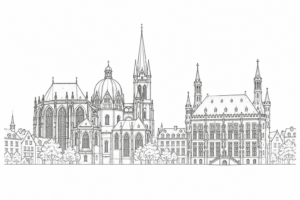 Anthrazitfarbene Linienzeichnung der Aachener Stadtsilhouette