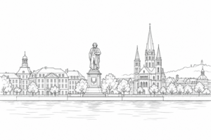 Anthrazitfarbene Linienzeichnung der Bonner Stadtsilhouette