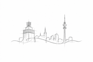 Anthrazitfarbene Linienzeichnung der Dortmunder Stadtsilhouette