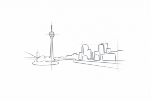 Anthrazitfarbene Linienzeichnung der Düsseldorfer Stadtsilhouette