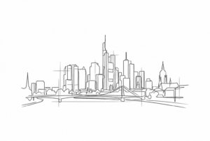 Anthrazitfarbene Linienzeichnung der Frankfurter Skyline