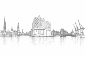 Anthrazitfarbene Linienzeichnung der Hamburger Stadtsilhouette