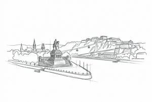 Anthrazitfarbene Linienzeichnung der Koblenzer Stadtsilhouette