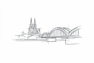 Anthrazitfarbene Linienzeichnung der Kölner Stadtsilhouette