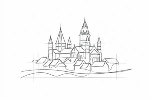 Anthrazitfarbene Linienzeichnung der Mainzer Stadtsilhouette