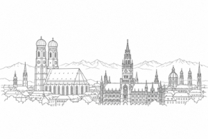 Anthrazitfarbene Linienzeichnung der Münchner Stadtsilhouette