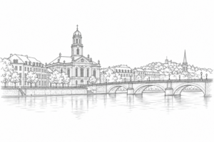 Anthrazitfarbene Linienzeichnung der Saarbrücker Stadtsilhouette