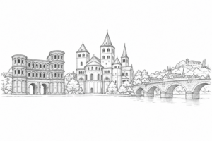 Anthrazitfarbene Linienzeichnung der Trierer Stadtsilhouette