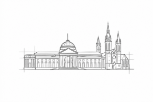Anthrazitfarbene Linienzeichnung der Wiesbadener Stadtsilhouette