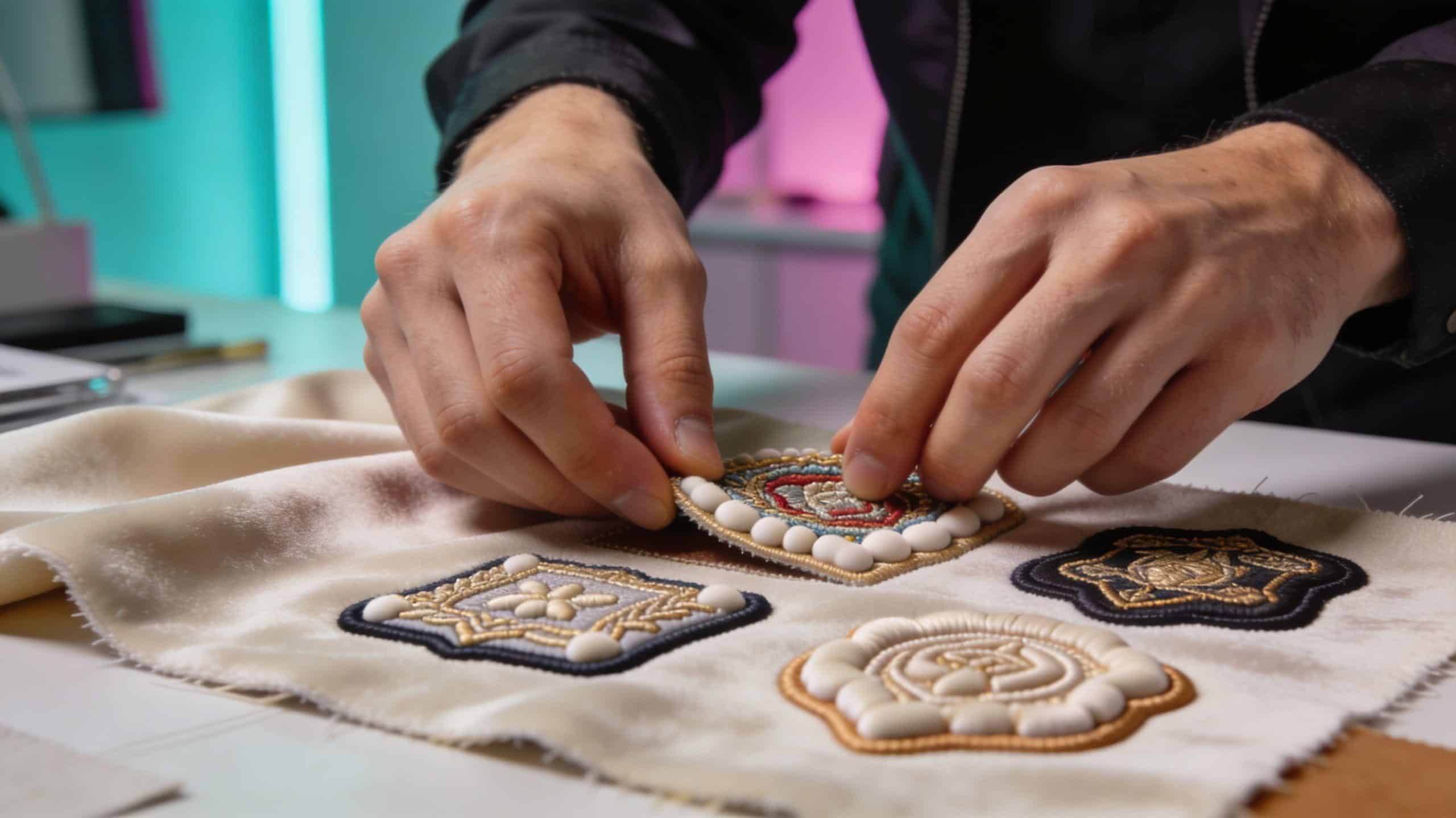 Eine Person platziert eine aufwendig bestickte Applikation auf einem beigen Stoffstück in einem professionellen Designstudio.