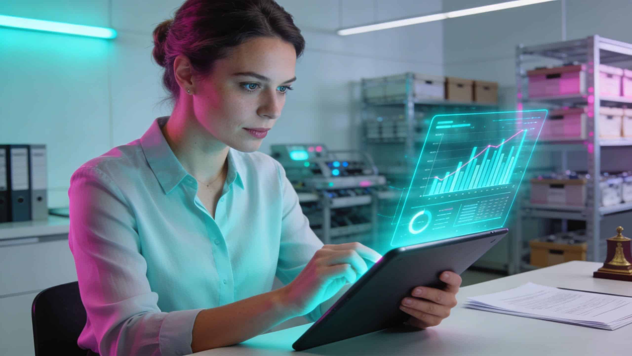 Eine Geschäftsfrau arbeitet an einem Tablet, das eine futuristische grafische Datenvisualisierung in einem modernen Büro anzeigt.