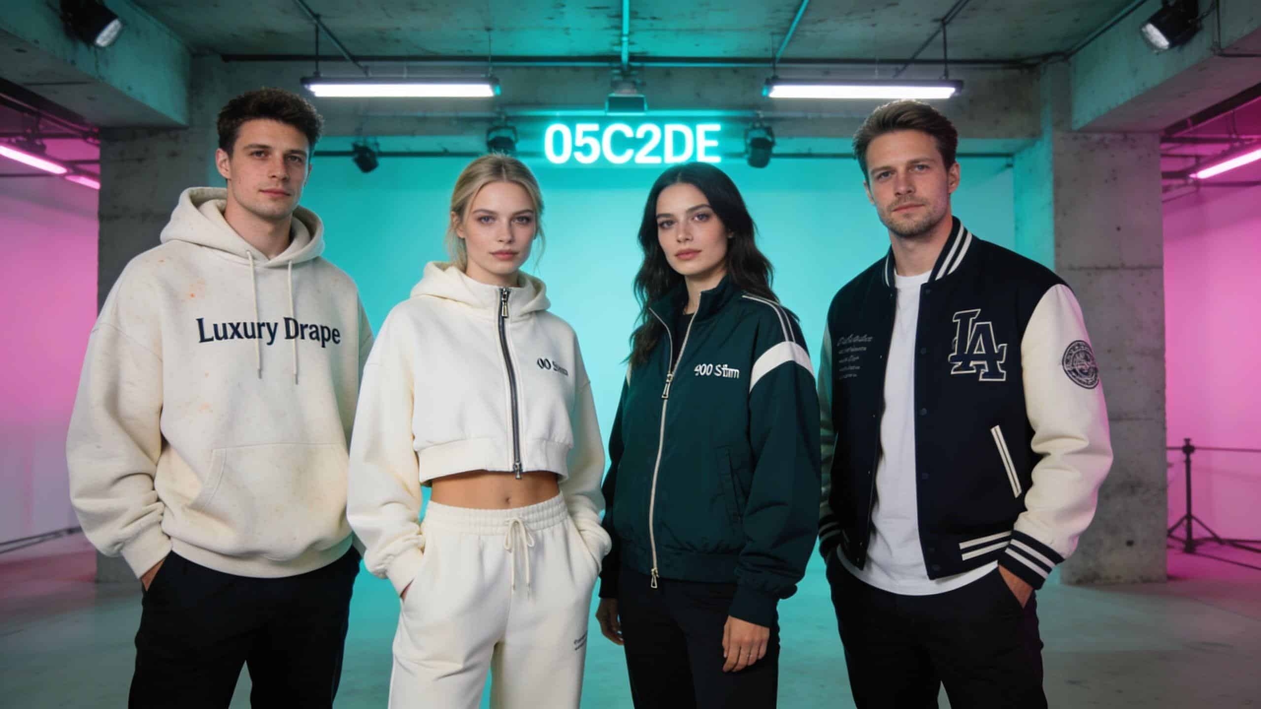Vier junge Erwachsene präsentieren stylische urbane Streetwear-Mode vor einem hellen, türkisfarbenen Hintergrund im modernen Studio.