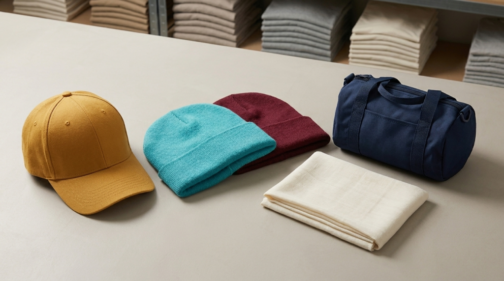 Cap, zwei Strickmützen, Schal und Sporttasche auf einem Lagertisch