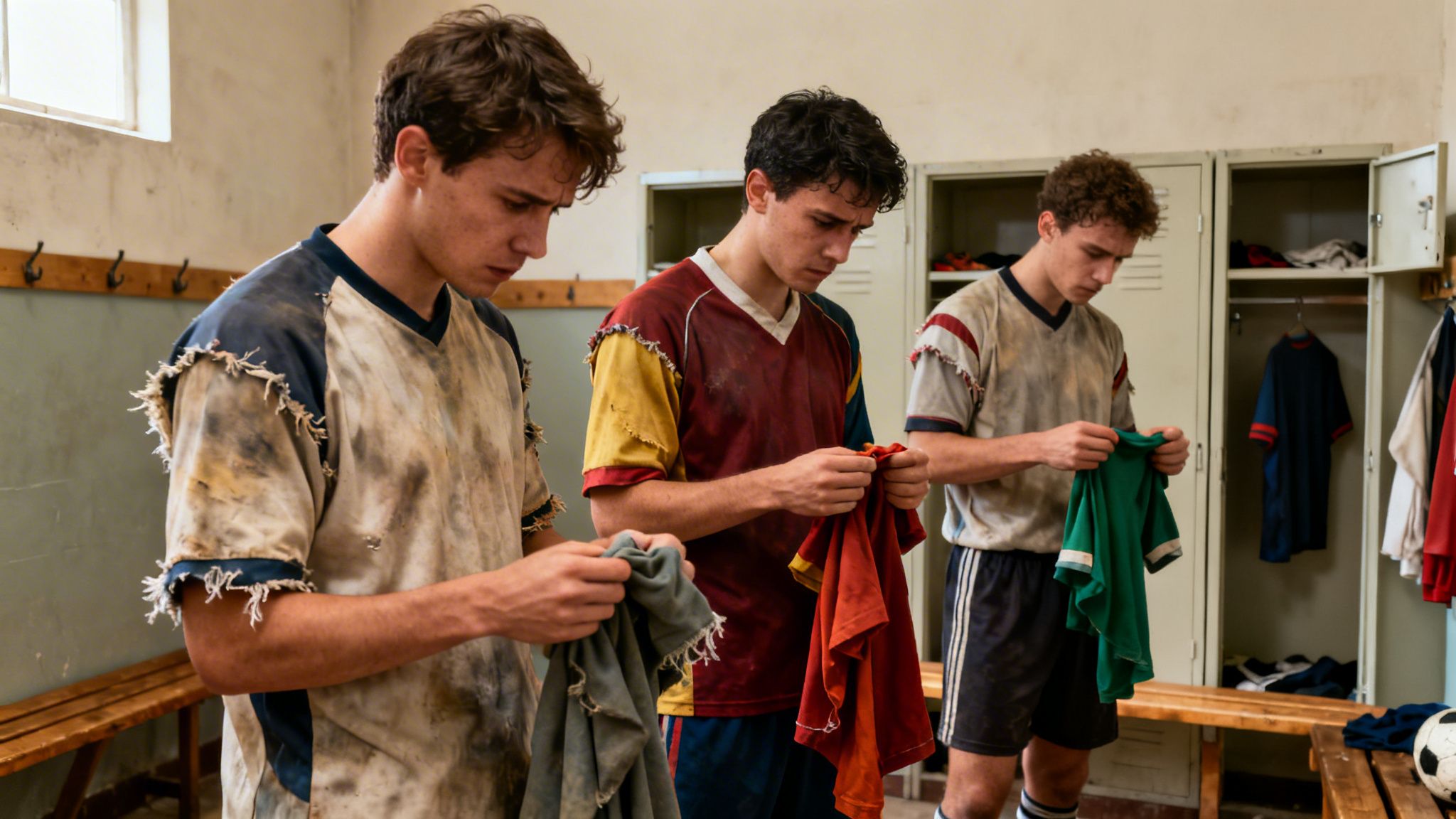 Drei schmutzige Fußballspieler in einer Umkleidekabine falten ihre Trikots nach dem Spiel.