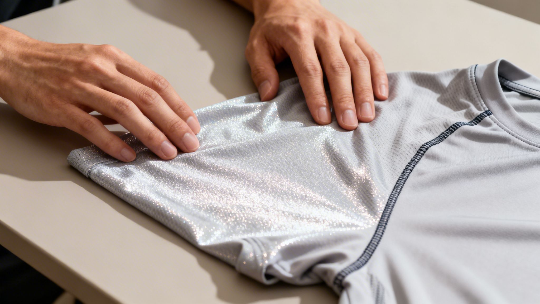 Hände berühren den glitzernden Ärmel eines grauen Sport-Shirts auf einem Tisch.