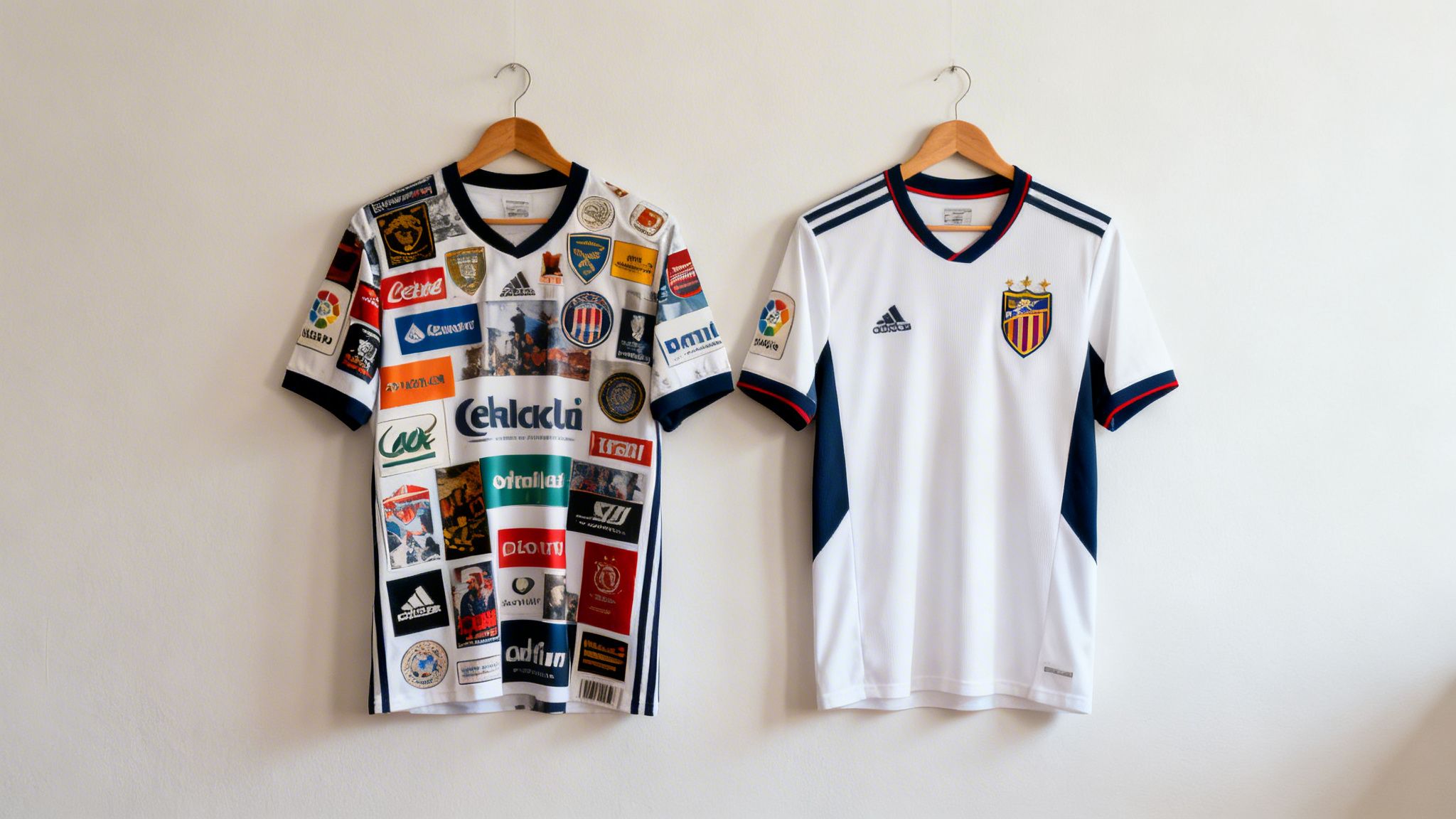 Zwei Fußballtrikots hängen an einer weißen Wand. Eines ist mit vielen Logos bedeckt, das andere ist weiß-blau.