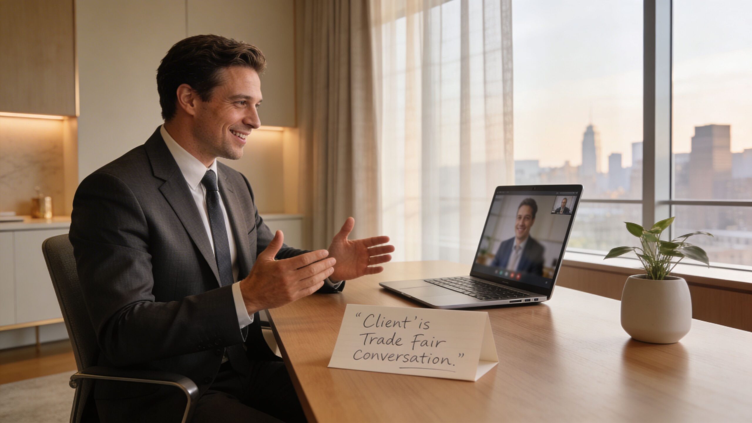 Ein Geschäftsmann im Anzug führt per Laptop ein Videogespräch an einem hellen Schreibtisch mit Blick auf eine Skyline.