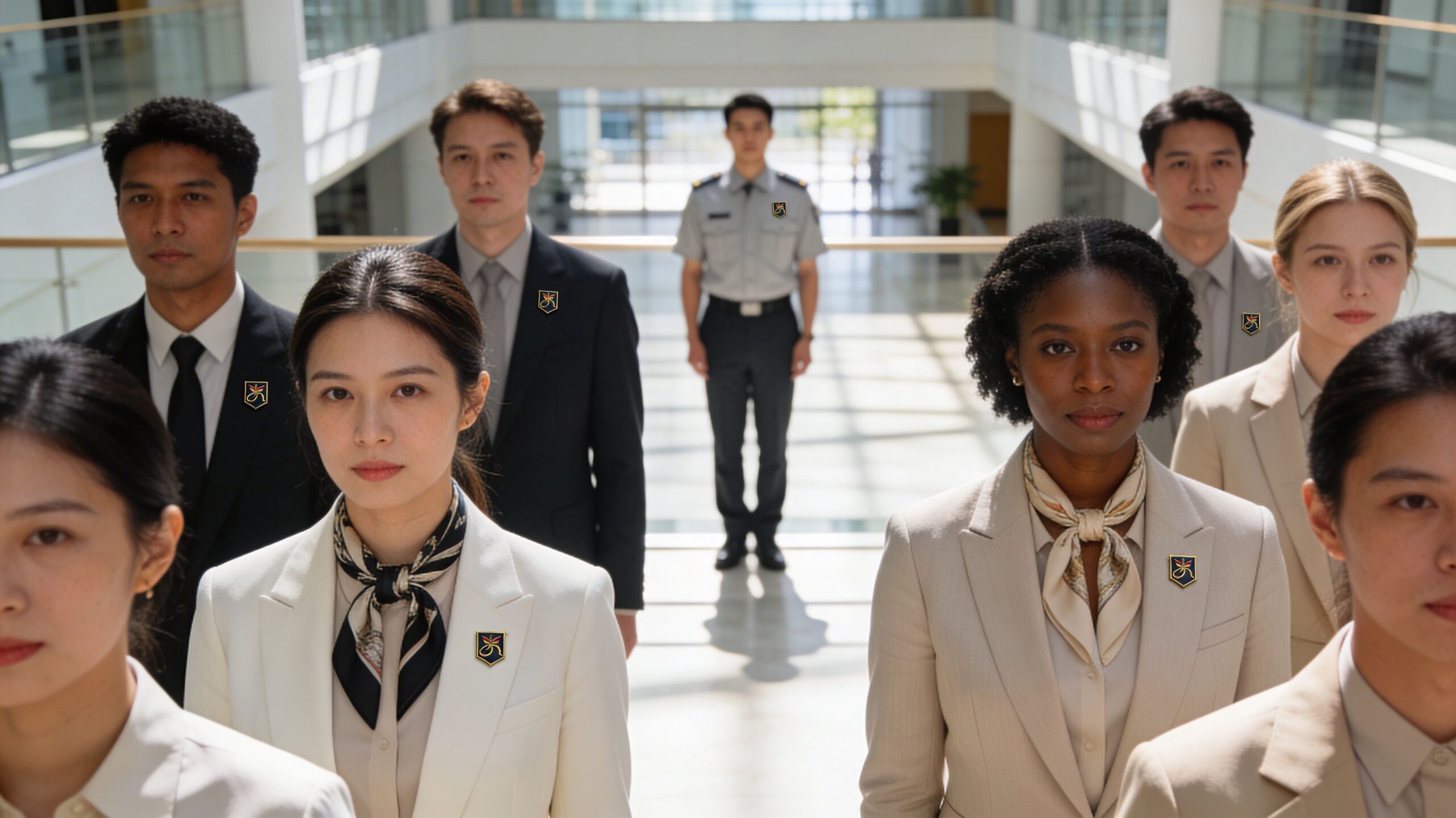 Eine professionelle Gruppe in Business-Kleidung posiert gemeinsam mit einem Sicherheitsmitarbeiter in einem hellen, modernen Firmengebäude.