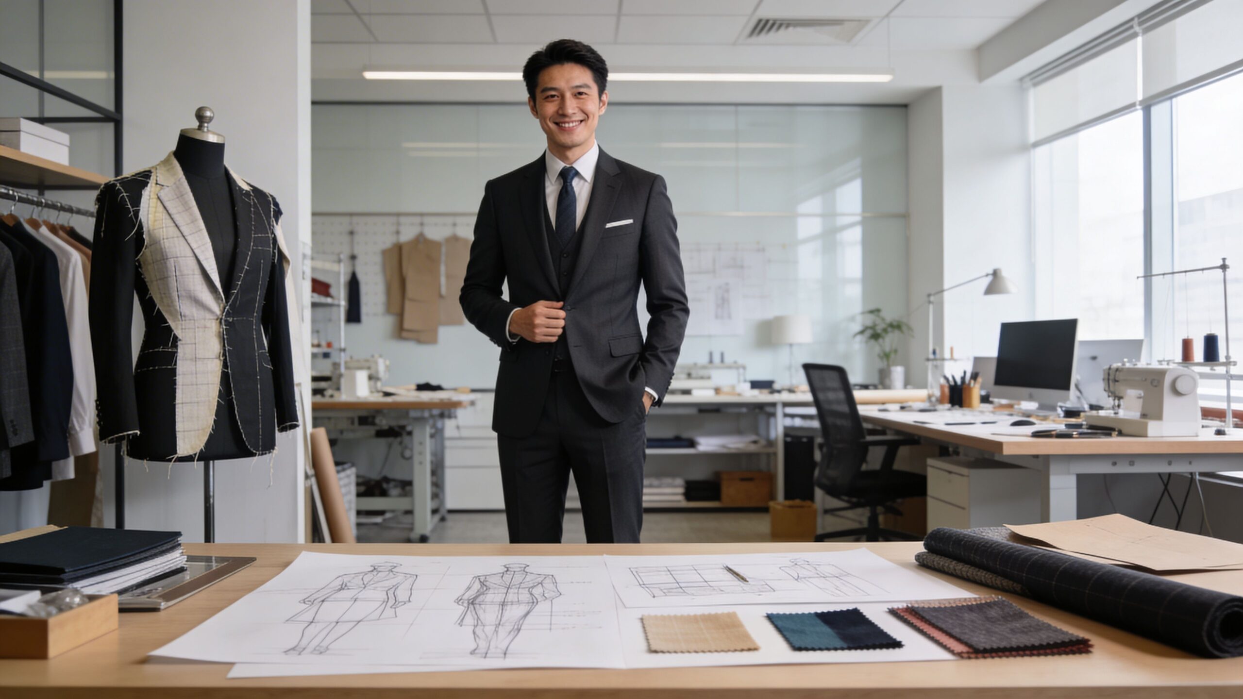 Ein professioneller Schneider im Anzug steht in seinem stilvollen Atelier neben einer Schneiderpuppe mit Entwürfen.