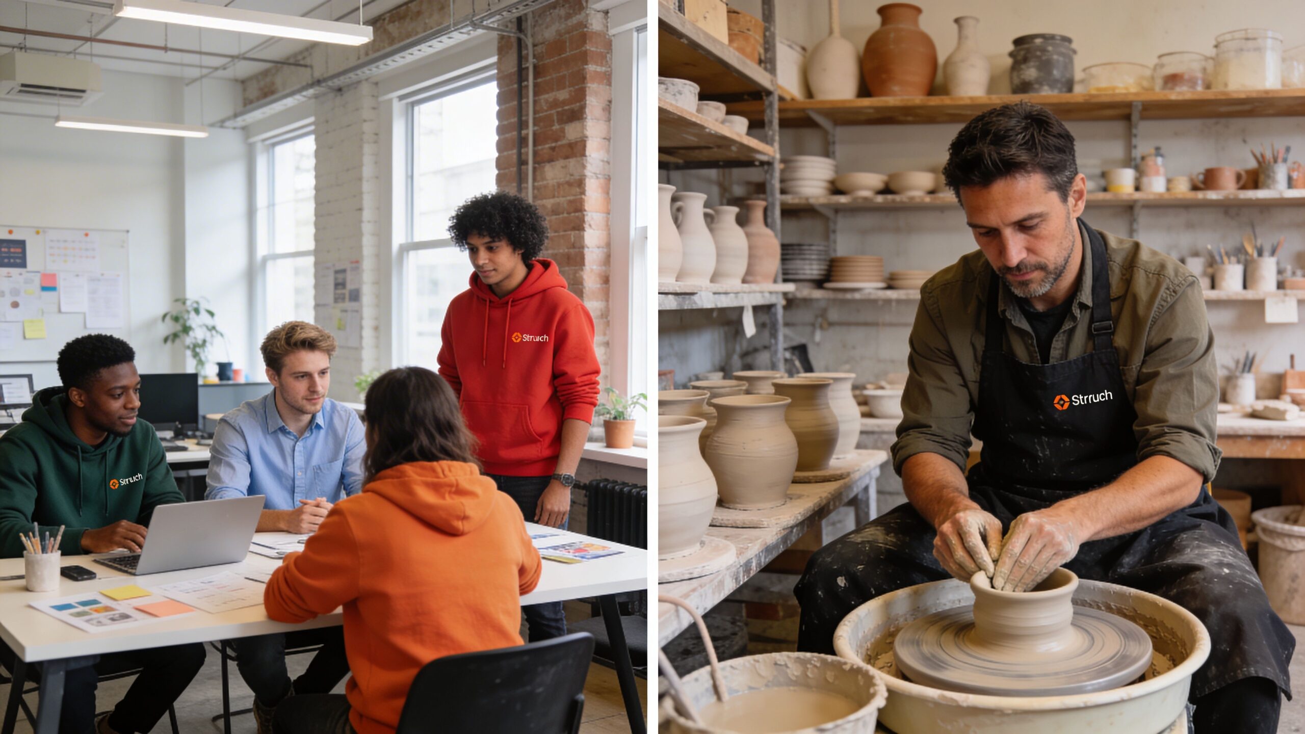 Ein geteiltes Bild zeigt Menschen in einem Büro bei einer Besprechung und einen Töpfer bei der Arbeit.