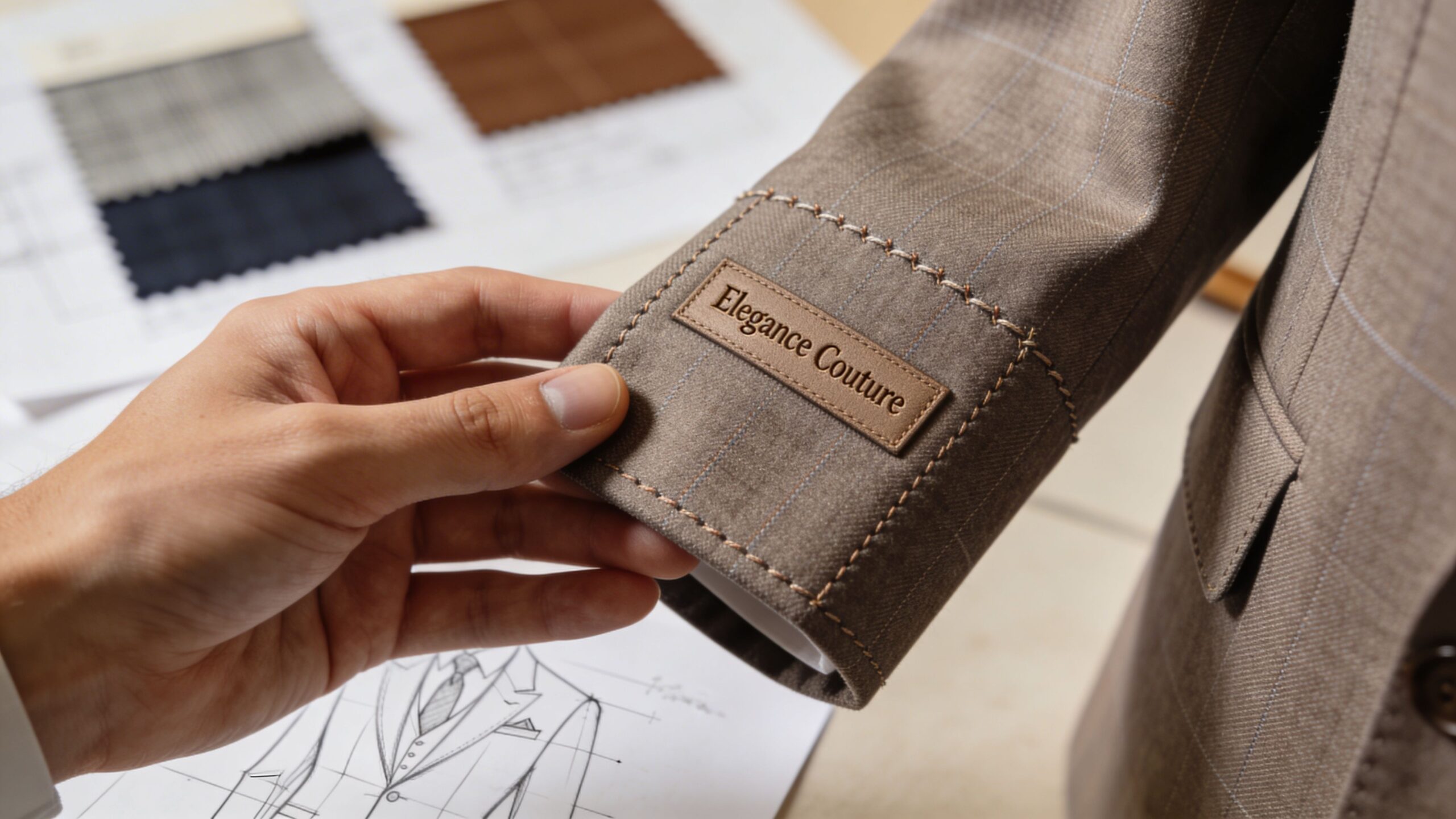 Eine Hand hält einen braunen Anzugärmel mit dem markanten Logo-Etikett von Elegance Couture an einem Schneiderarbeitsplatz.