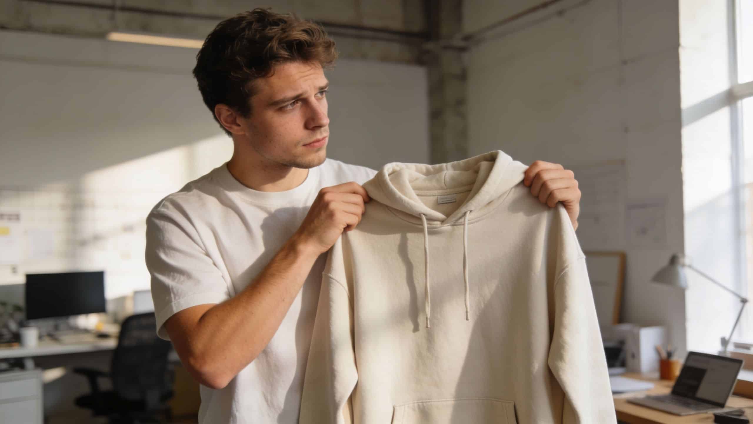 Ein junger Mann im weißen T-Shirt betrachtet nachdenklich einen hellen Kapuzenpullover in einem hellen Büro.