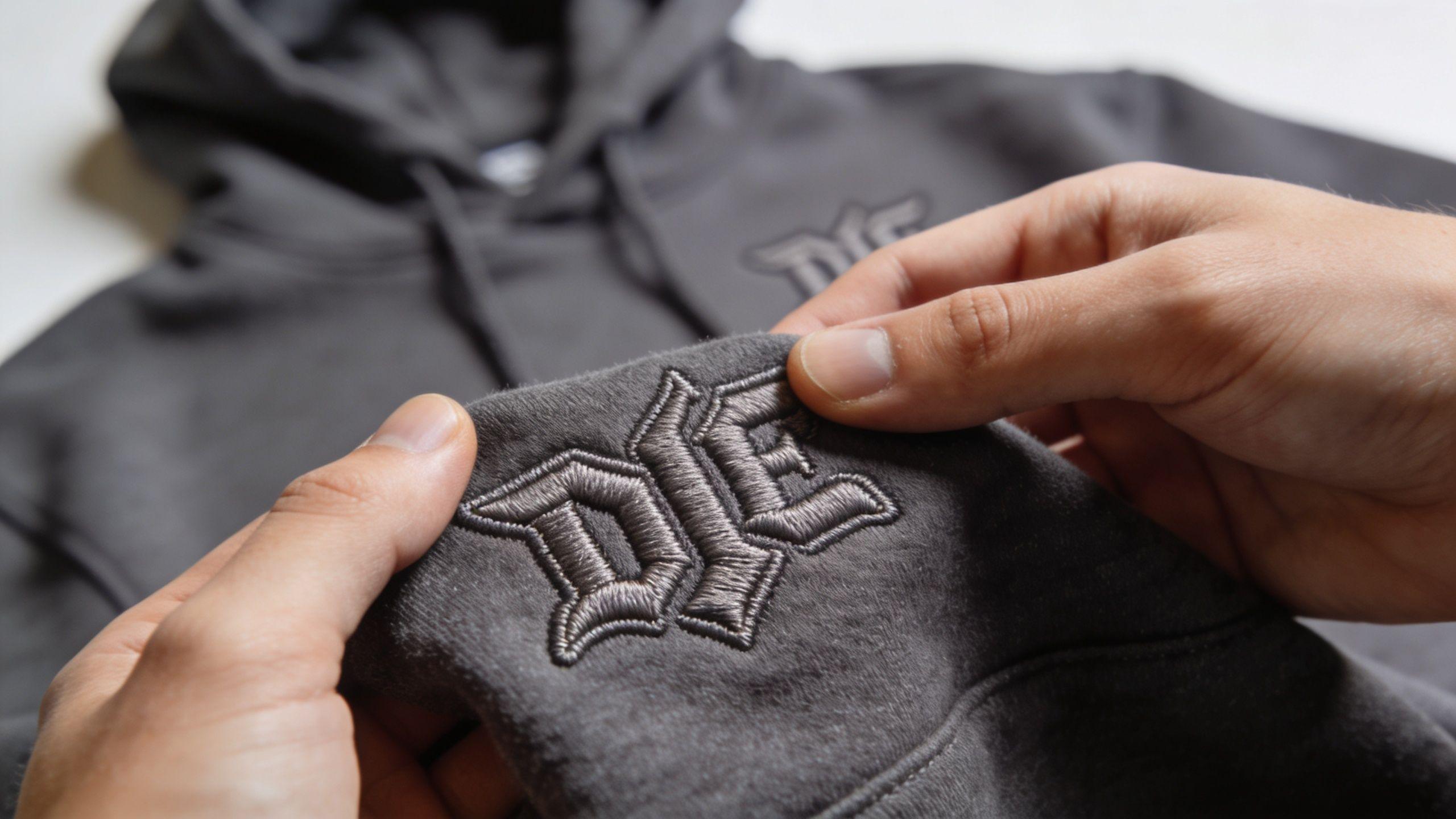 Nahaufnahme einer Hand, die das gestickte Logo auf einem dunkelgrauen Kapuzenpullover für eine Influencer-Marketing-Kampagne hält.