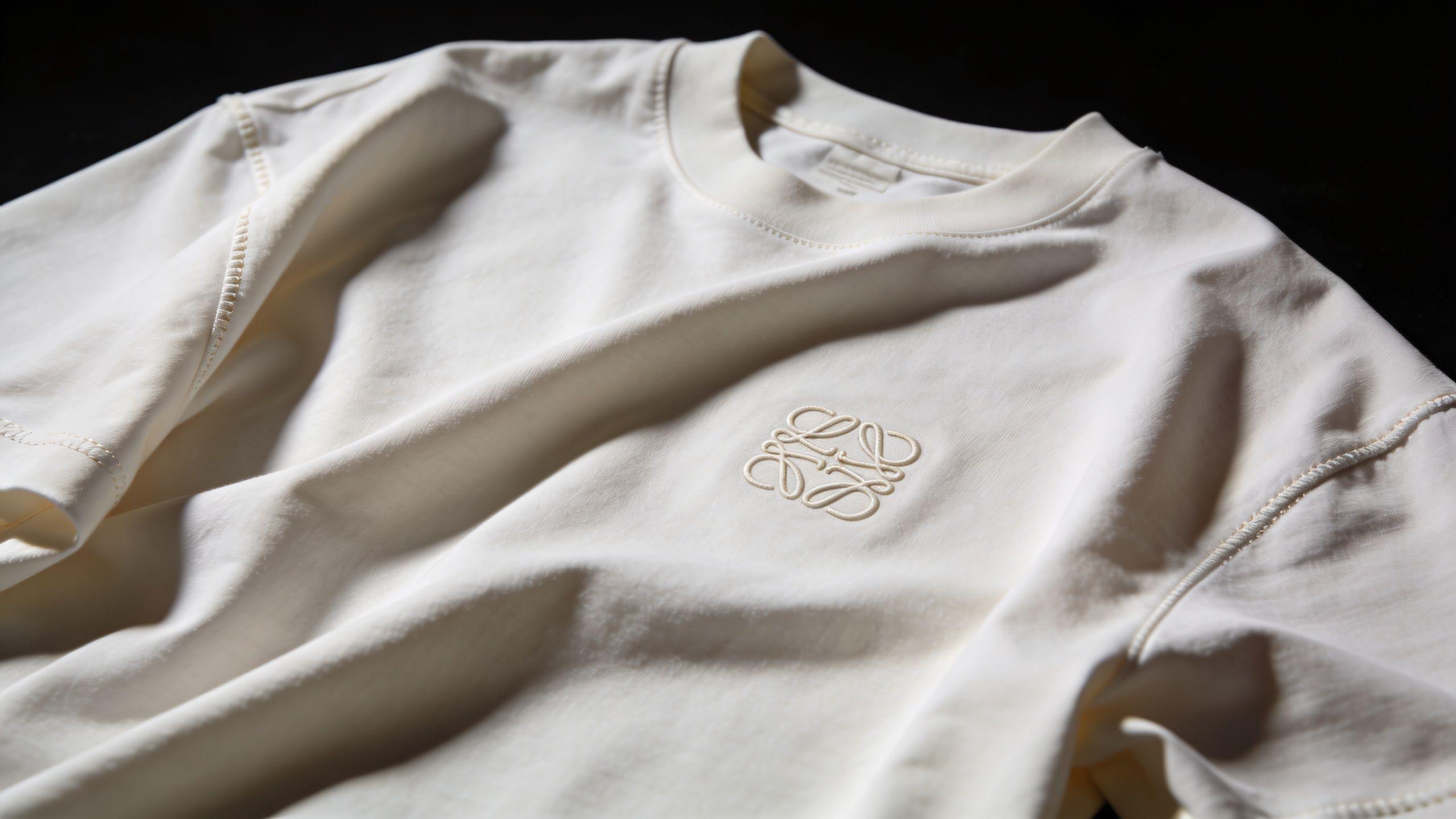 Ein cremefarbenes Loewe T-Shirt aus Baumwolle mit dezentem gesticktem Logo auf der Vorderseite in Nahaufnahme.