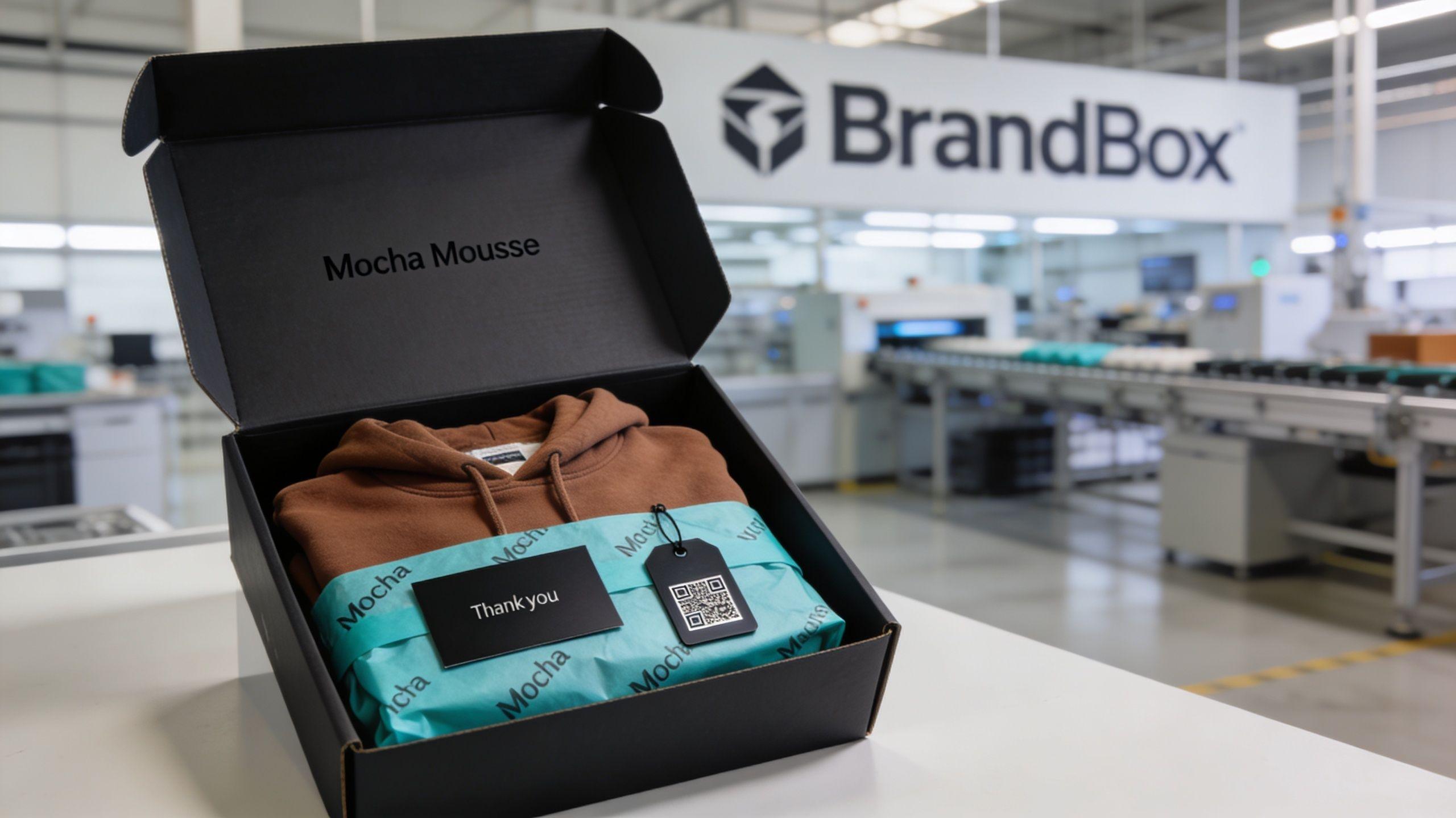 Ein schwarzer BrandBox-Karton enthält einen braunen Kapuzenpullover, verpackt in türkisem Seidenpapier mit Thank-you-Karte und QR-Code-Tag.