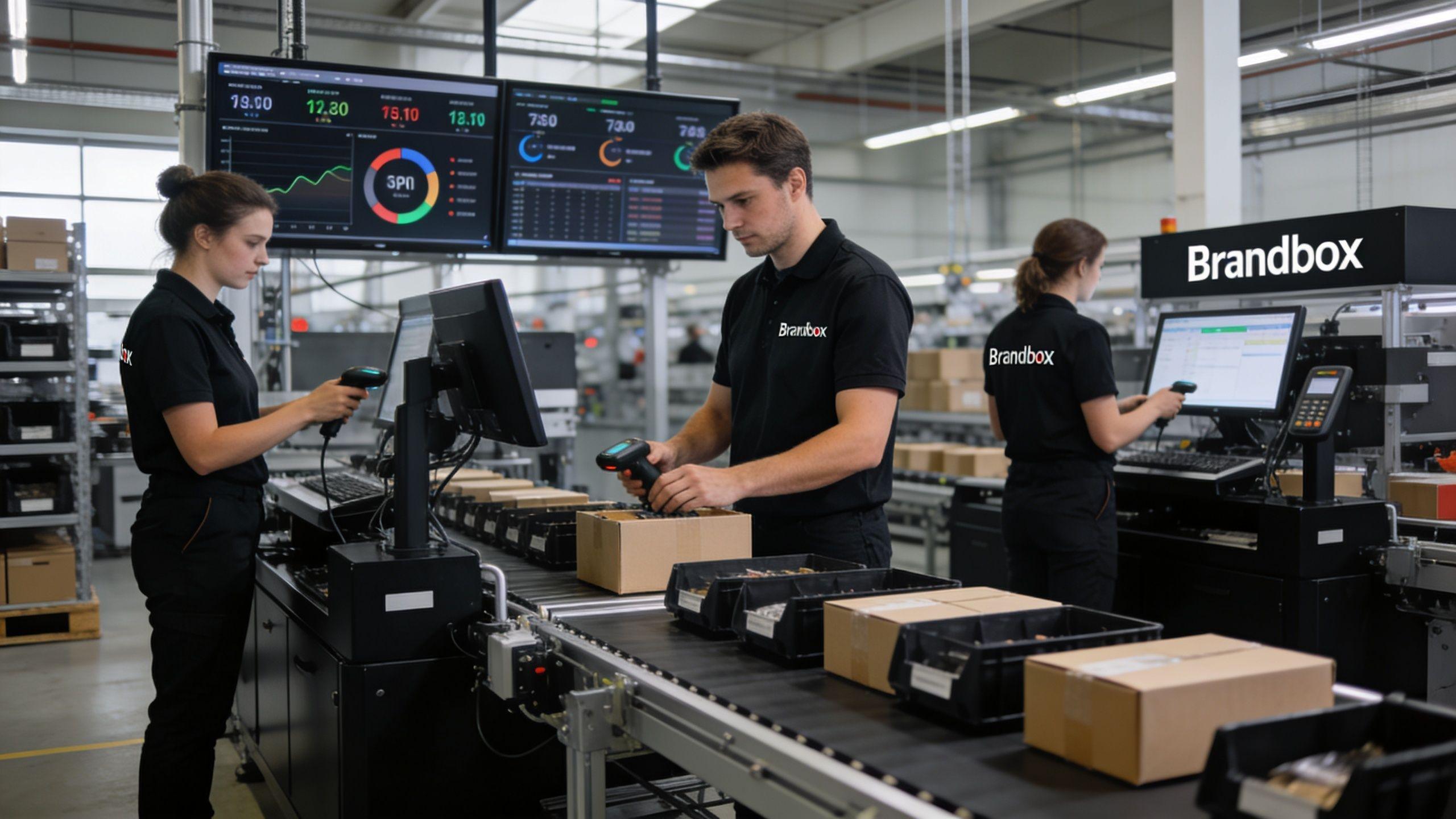 Zwei Lagerarbeiter scannen Pakete an einem automatisierten Fließband in einem modernen E-Commerce-Logistikzentrum bei der Arbeit.