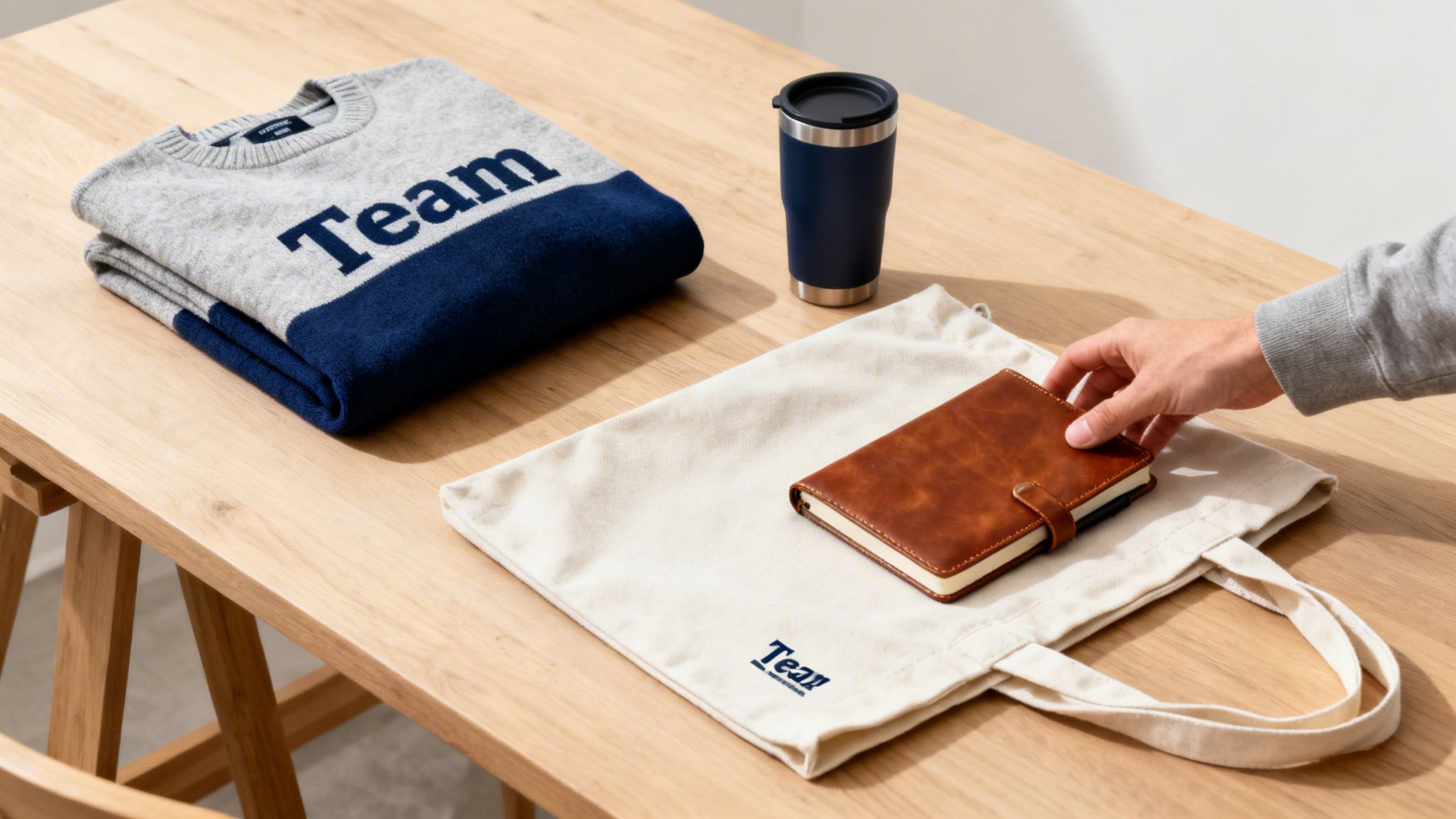 Verschiedene Markenartikel wie ein Team-Pullover, Thermobecher, Notizbuch und eine Tragetasche liegen auf einem Holztisch. Eine Hand greift danach.