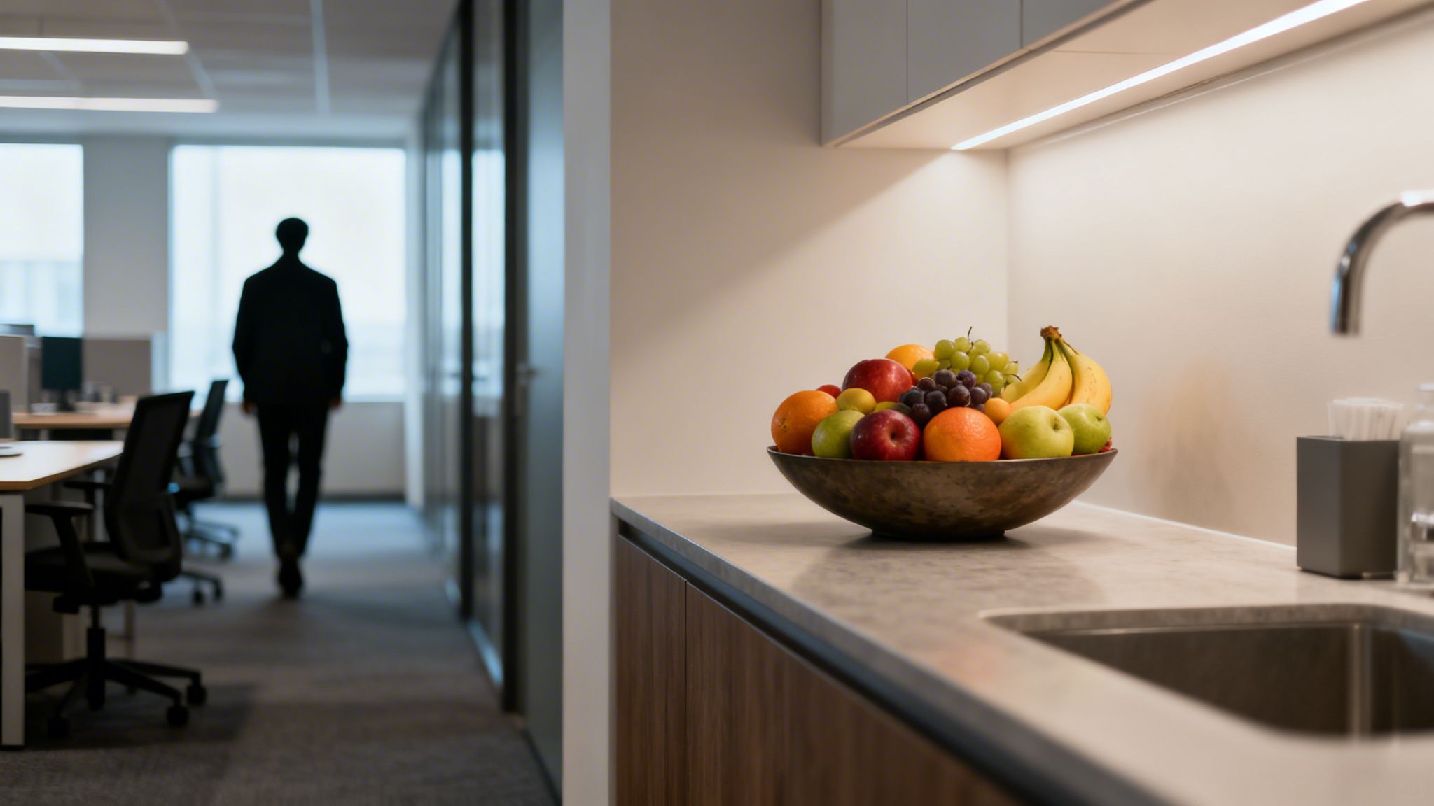 Ein bunter Obstkorb in einer modernen Büroküche, während eine Person im Hintergrund durch den Flur geht.