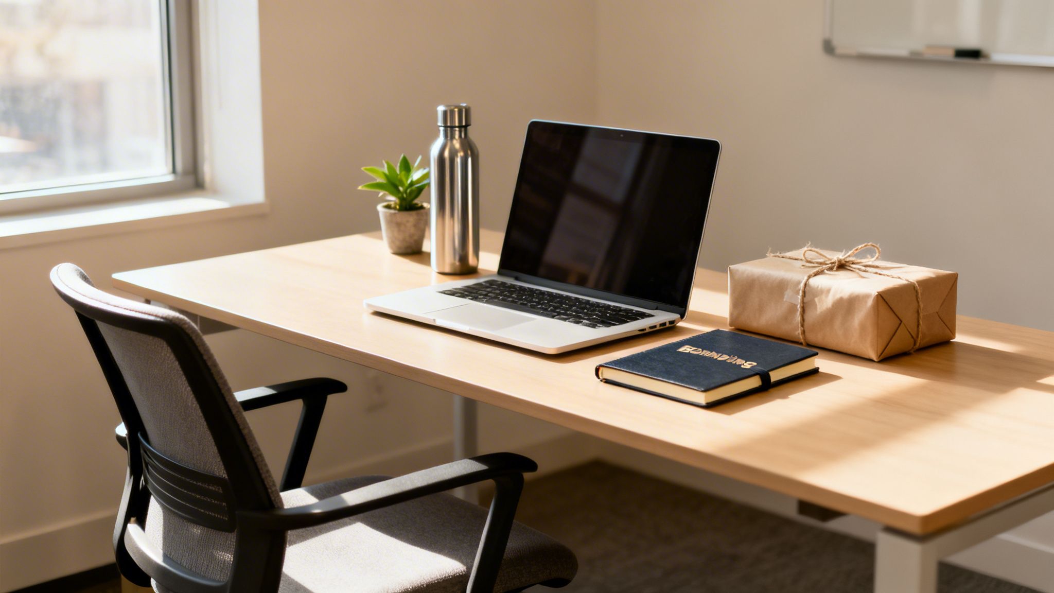Ein sonnenbeschienener Schreibtisch mit Laptop, Wasserflasche, Pflanze, Notizbuch und einem Geschenk. Ein Bürostuhl steht davor.