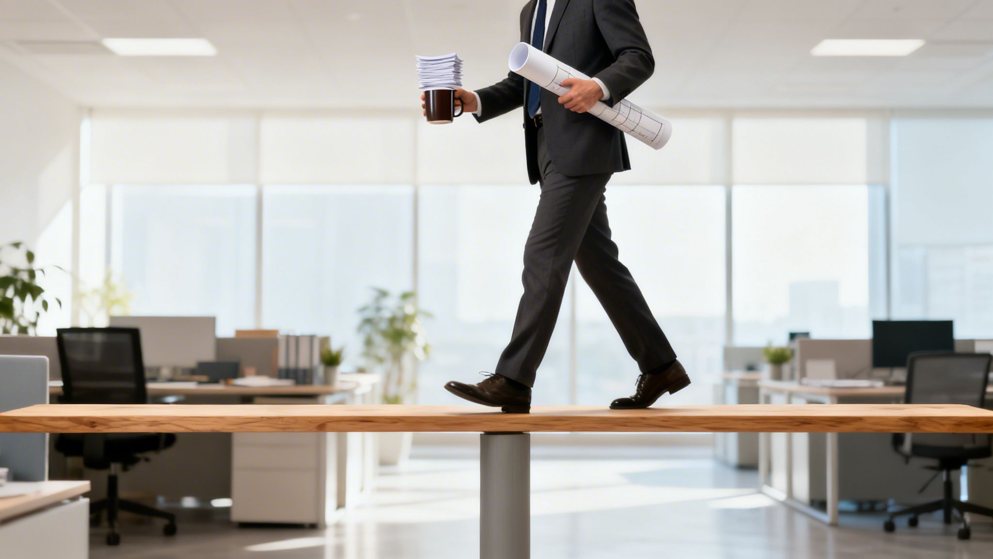 Ein Geschäftsmann balanciert mit Plänen, Papieren und Kaffee auf einem Holzbalken im Büro.