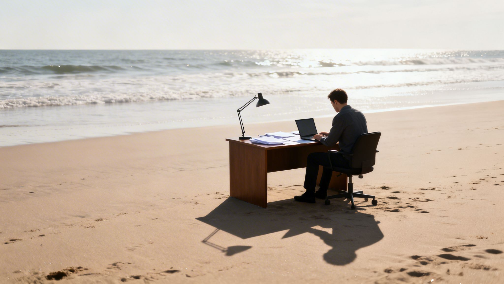 Mann arbeitet am Strand an einem Schreibtisch mit Laptop und Dokumenten, Meer im Hintergrund.