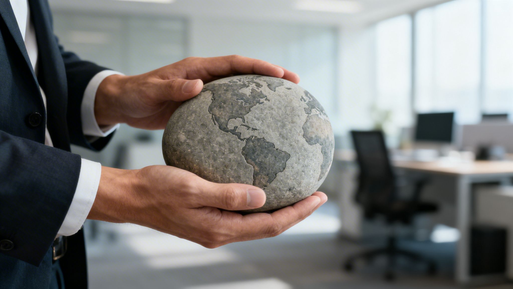 Nahaufnahme von Händen in einem Anzug, die einen Steinglobus in einem Büro halten.