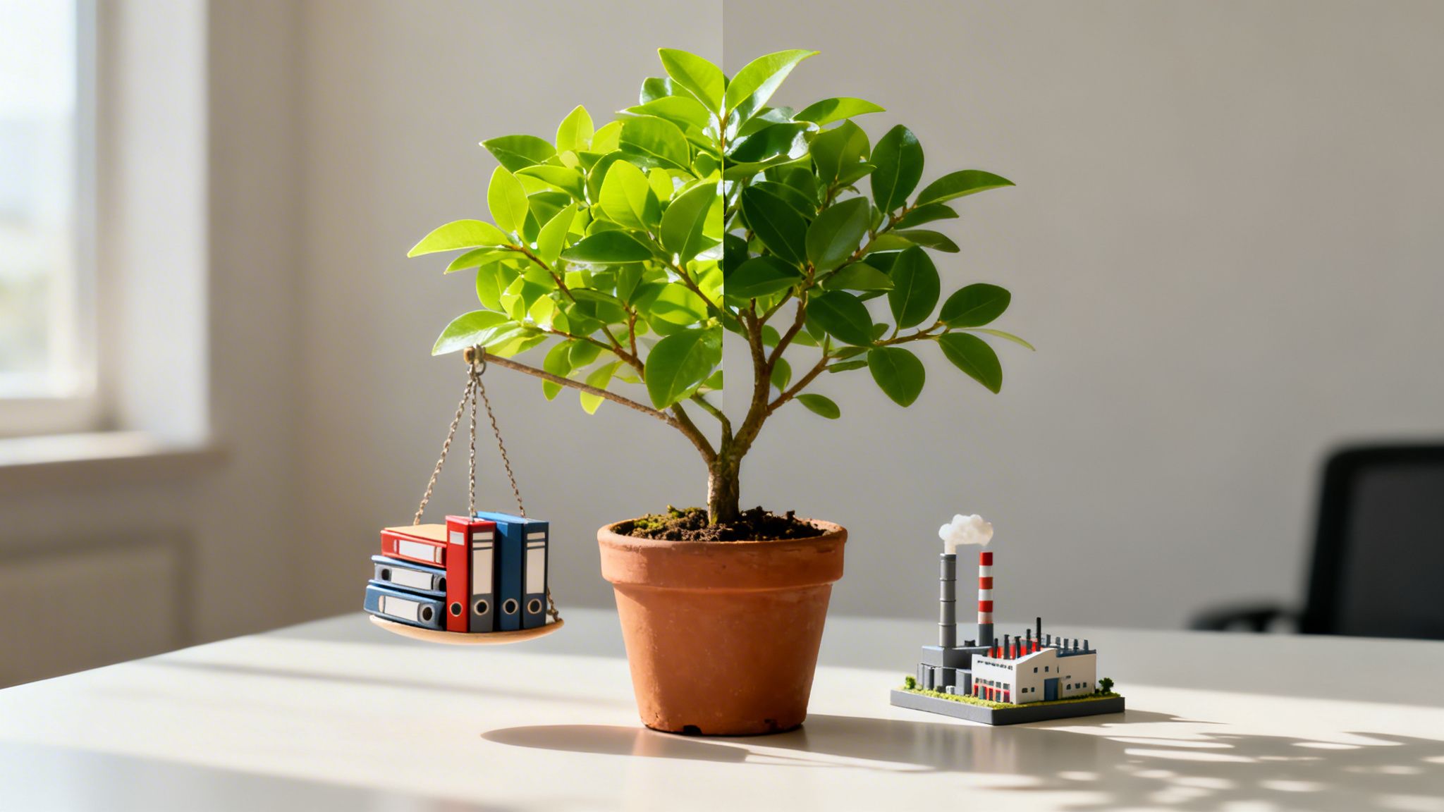 Ein Bonsai-Baum balanciert Aktenordner auf einer Seite und eine Miniaturfabrik auf der anderen, symbolisiert Nachhaltigkeit und Geschäft.