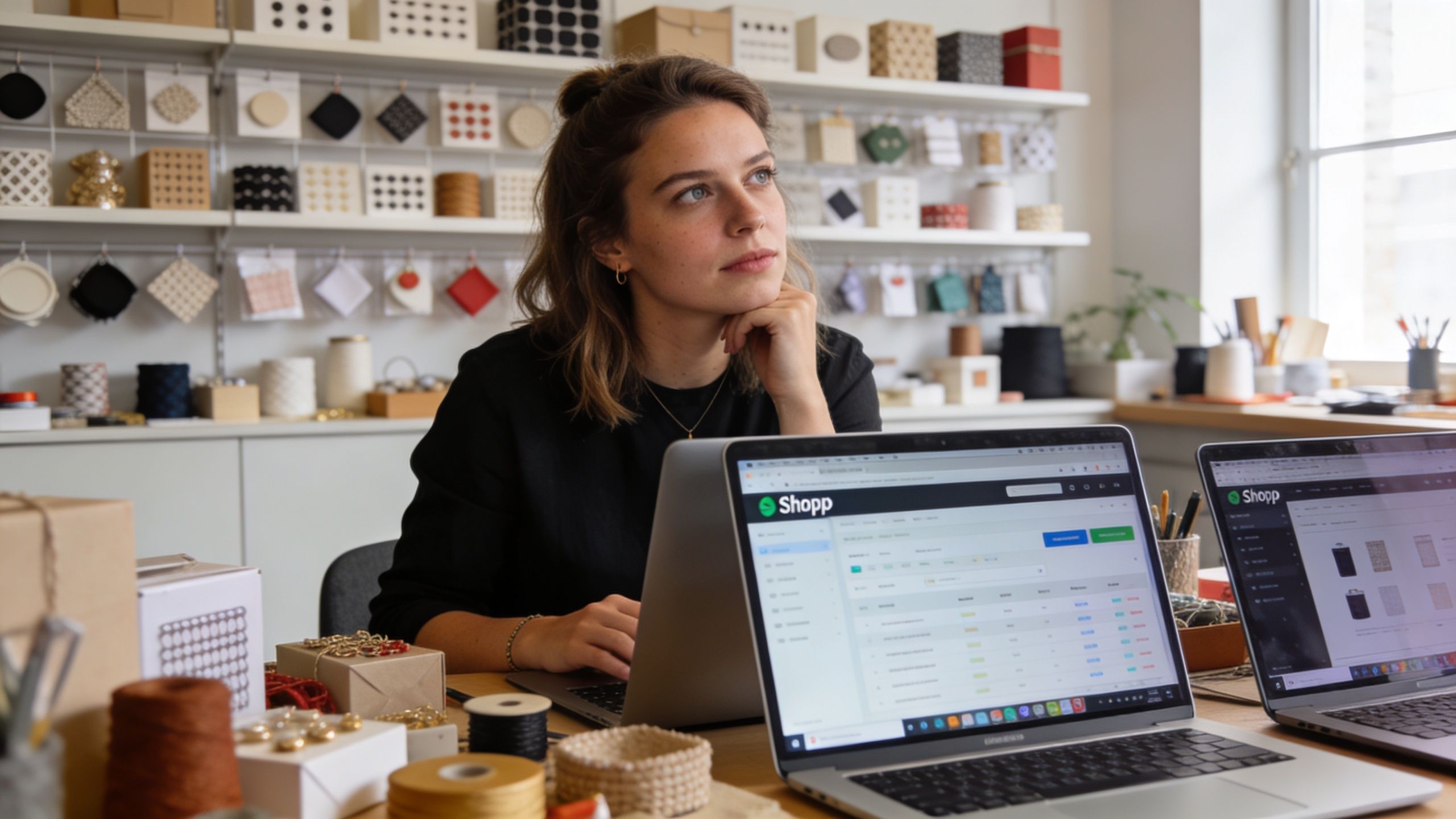 Eine junge Unternehmerin arbeitet an ihrem Laptop in einem Büro voller Verpackungsmaterialien und organisierter Waren.